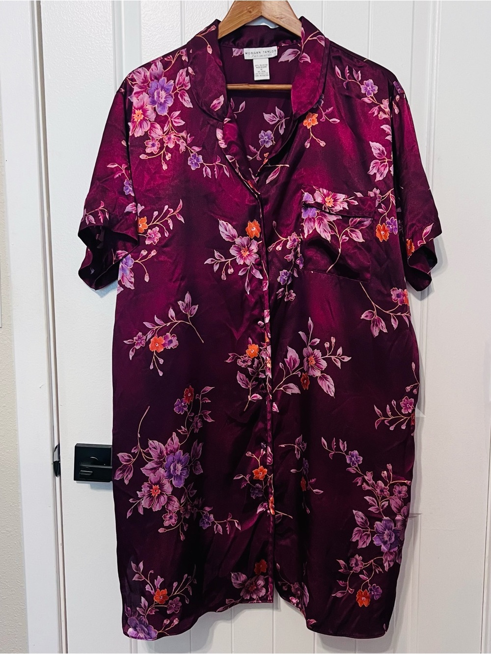 Morgan Taylor Intimates Plum Floral Satin Button-Front Nightshirt 1X